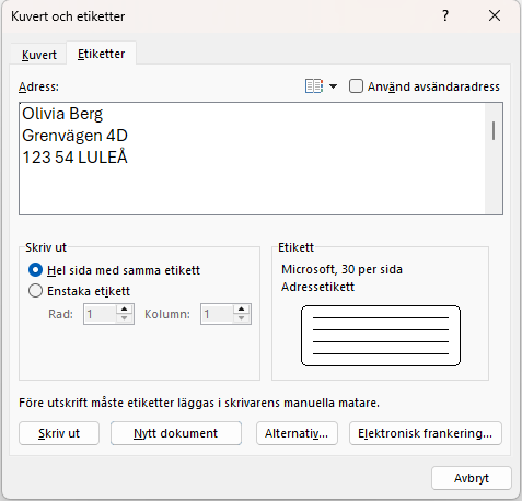 Skapa adressetiketter i Word via Kuvert och etiketter
